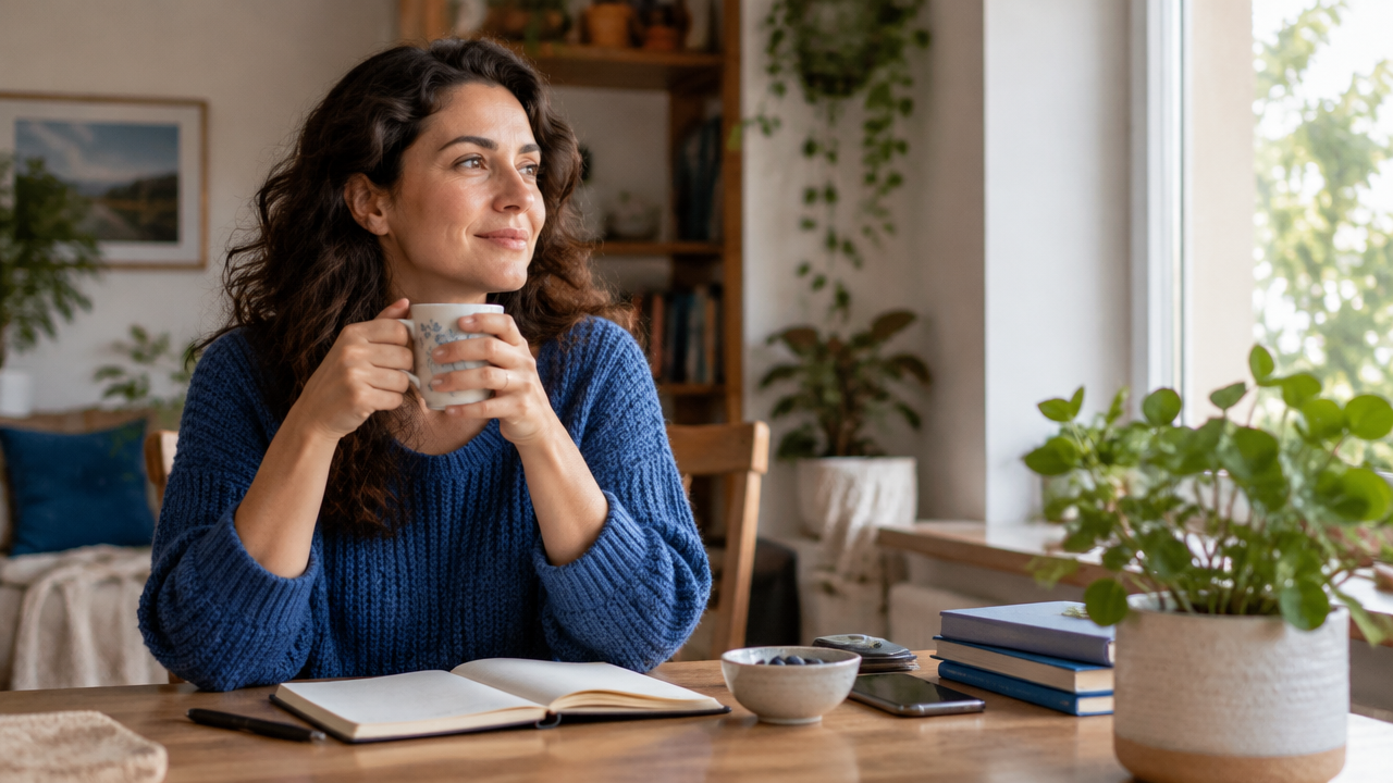 Pessoa adulta fazendo uma pausa consciente junto à janela, com caderno e bebida quente, em um ambiente tranquilo de casa