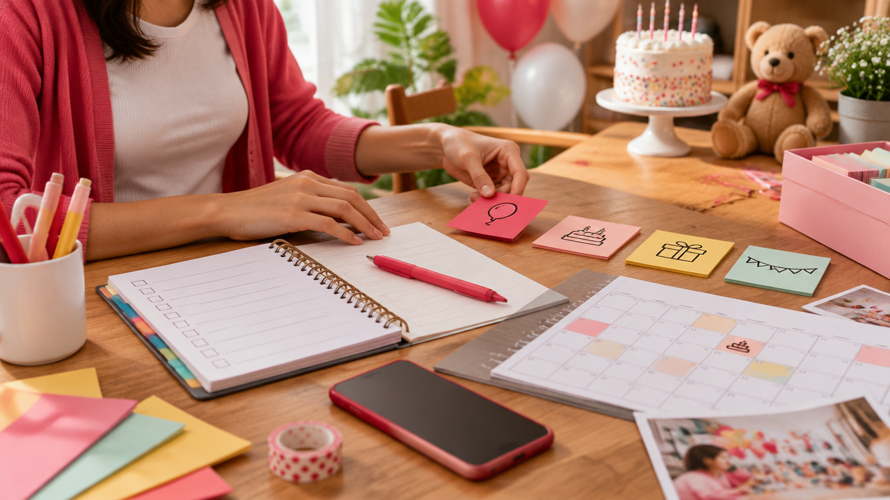 Pessoa adulta organizando em um caderno as etapas de uma festa infantil