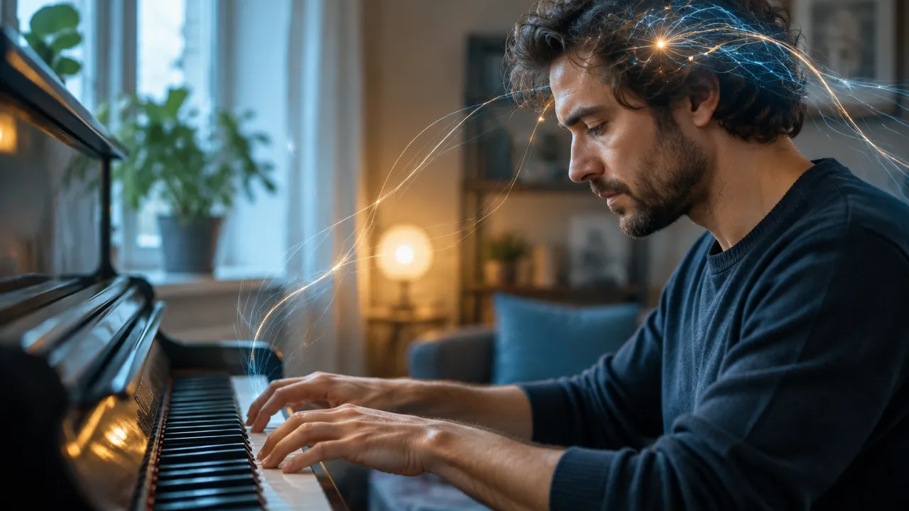 Pessoa adulta praticando piano com atenção, representando como a experiência repetida e significativa favorece a aprendizagem