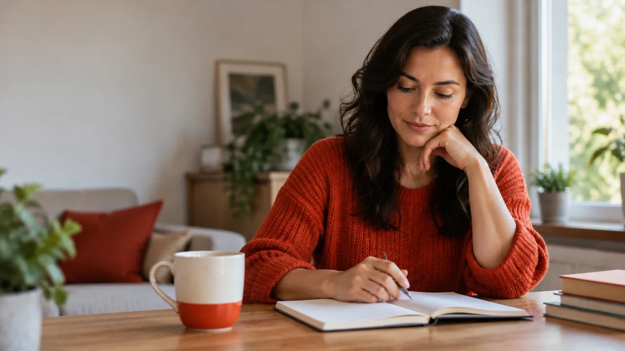 Pessoa adulta refletindo diante de um caderno aberto antes de tomar uma decisão