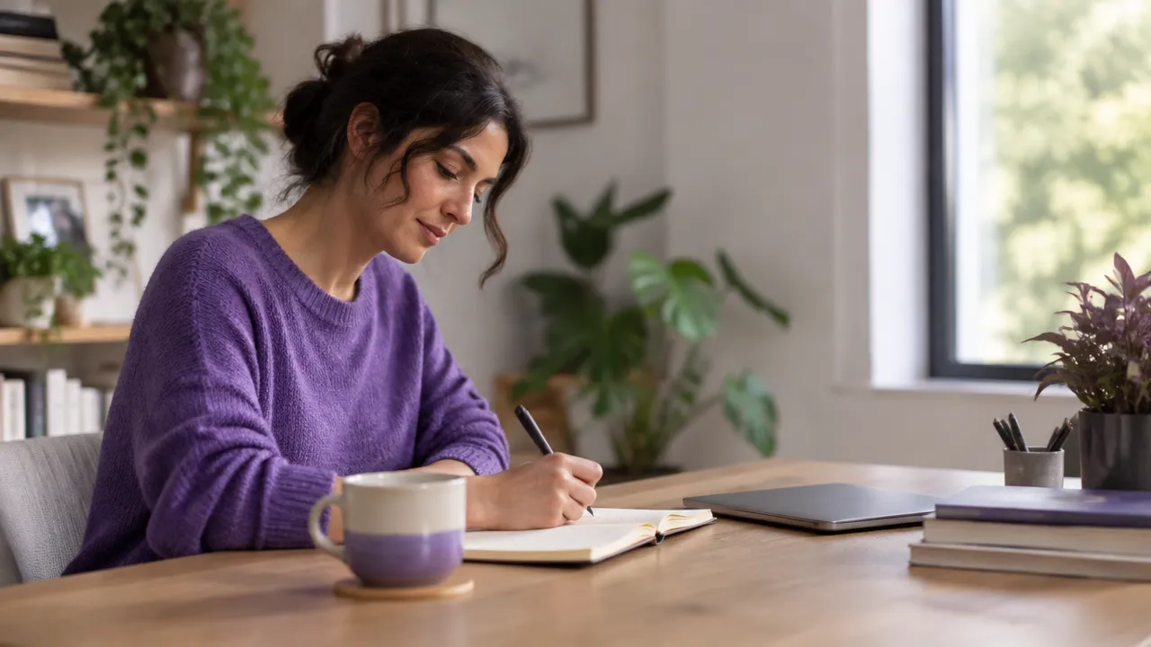 Pessoa adulta refletindo e fazendo anotações em um caderno durante uma rotina de aprendizagem.
