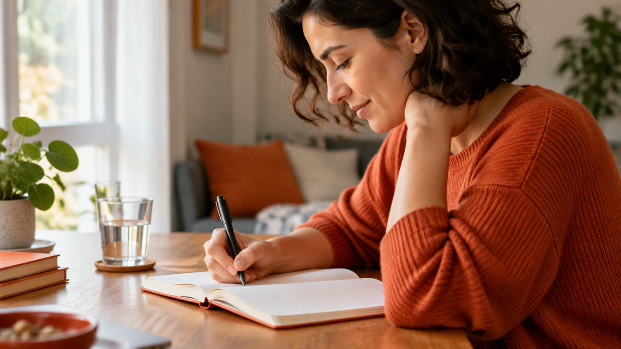 Pessoa adulta registrando pensamentos em um caderno para observar e questionar uma crença de não merecimento.