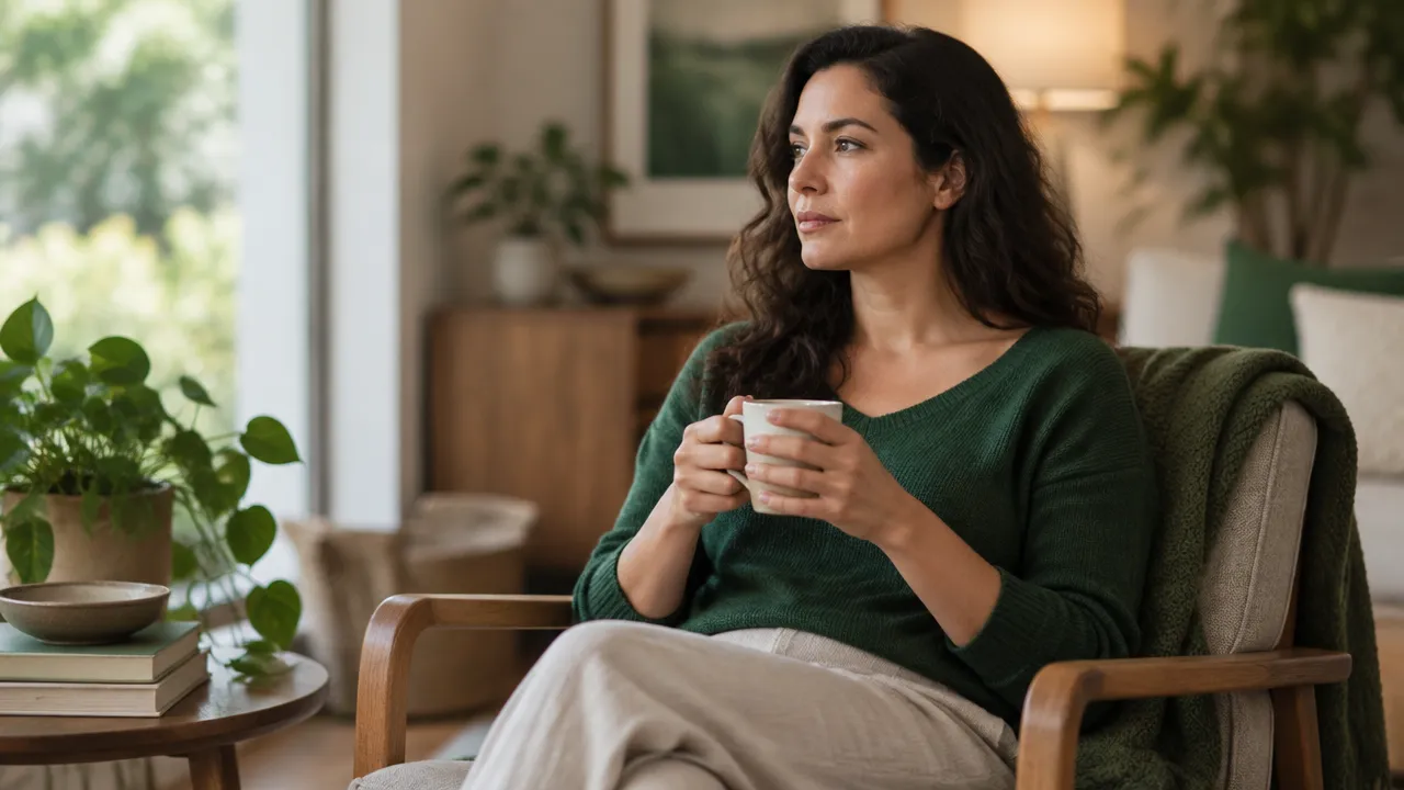 Pessoa adulta sentada com os pés no chão e segurando uma xícara, em uma pausa tranquila para perceber o corpo e se autorregular.
