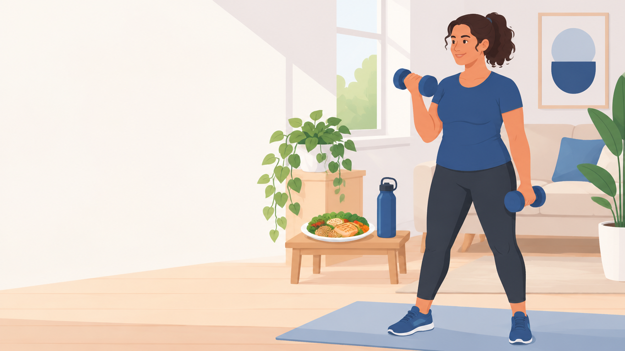 Pessoa adulta treinando força com halteres leves junto a elementos de alimentação variada e hidratação