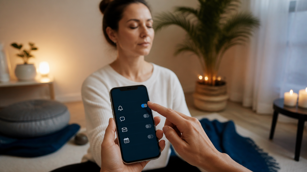 Pessoa ajustando notificações do celular antes de iniciar um momento de meditação