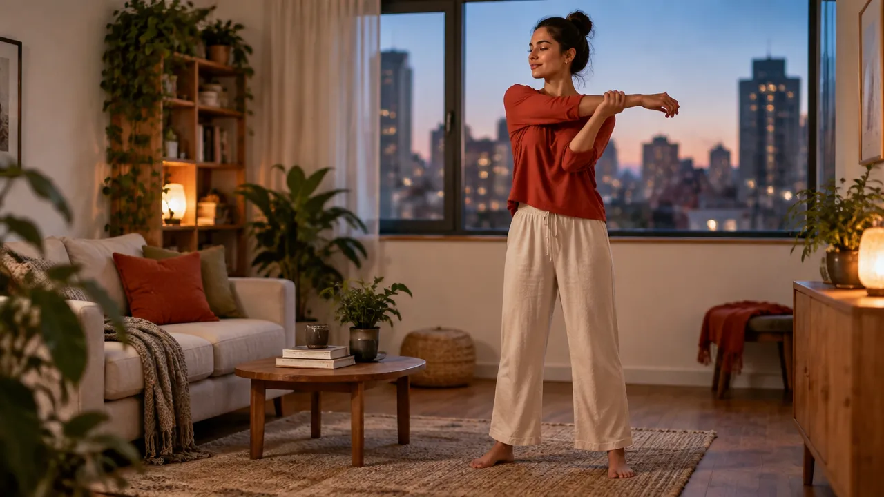 Pessoa alongando os ombros com atenção plena em casa, com edifícios urbanos desfocados ao fundo