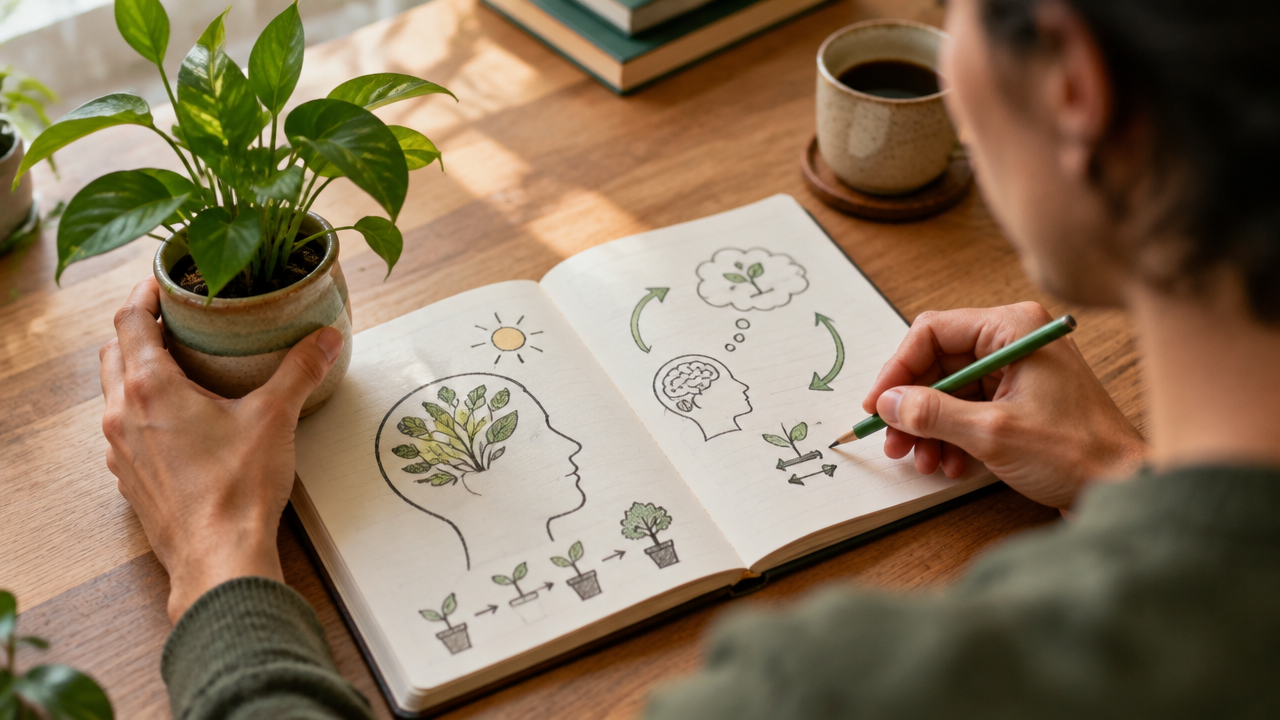 Pessoa analisa uma planta e anota uma metáfora em um caderno para testar seus limites
