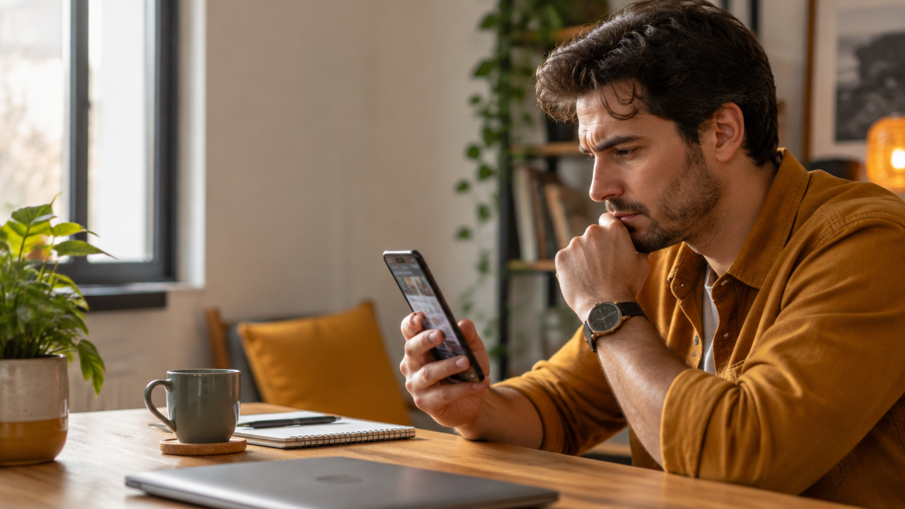 Pessoa analisando com atenção uma publicação no celular para avaliar sua coerência ética