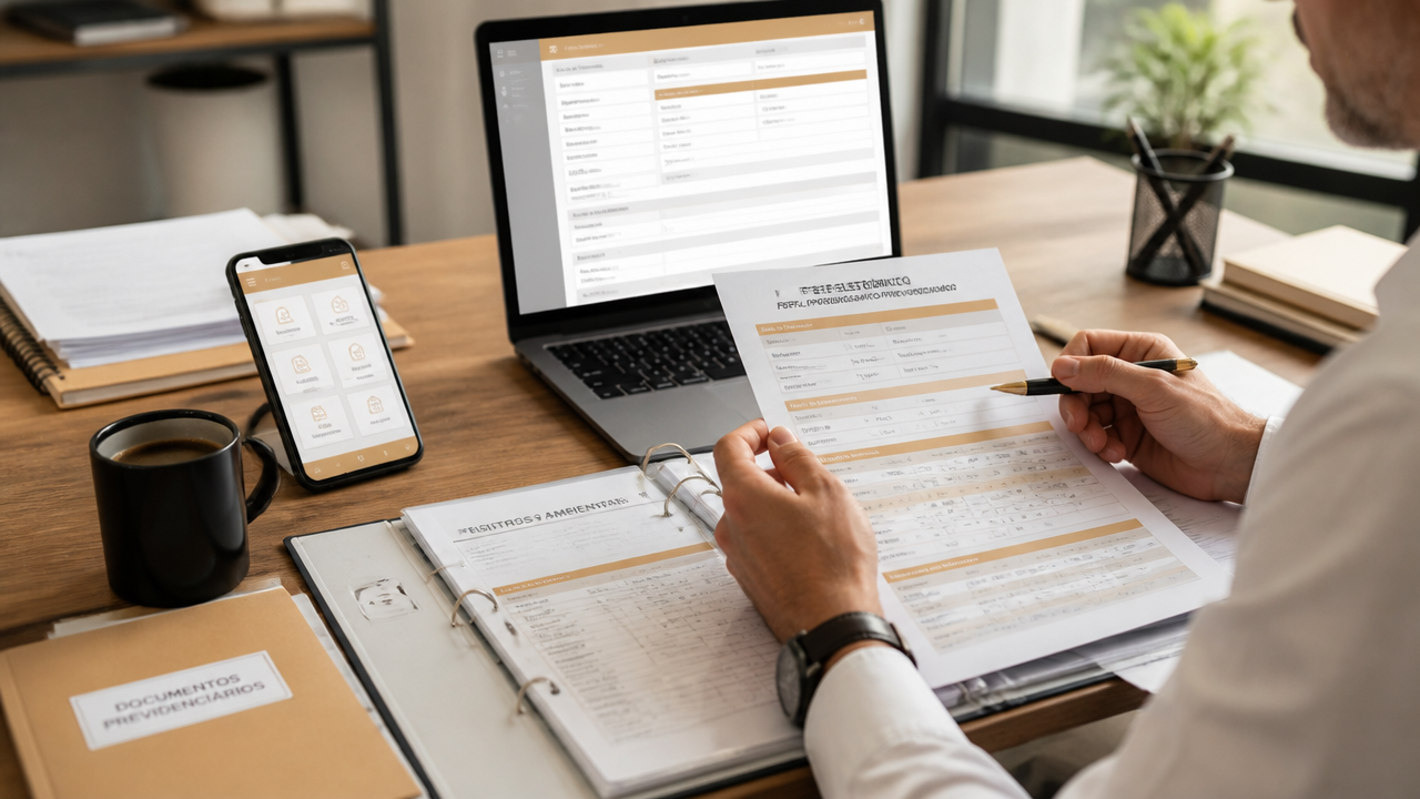 Pessoa analisando documentos e PPP eletrônico em computador e celular para pedir benefício previdenciário.