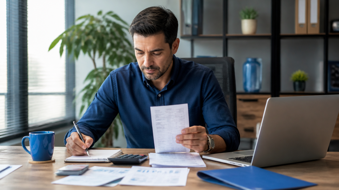 Pessoa analisando faturas e opções de reorganização financeira em uma mesa de trabalho