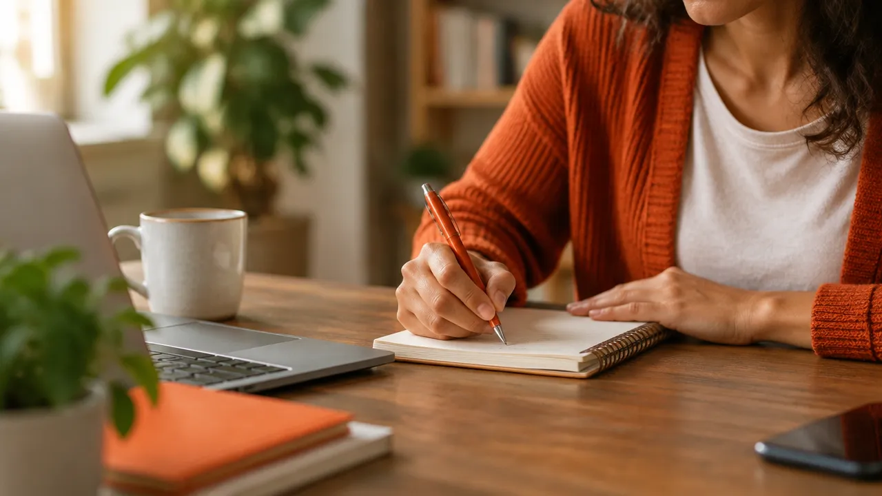 Pessoa anota a próxima ação em um caderno para retomar o trabalho com atenção
