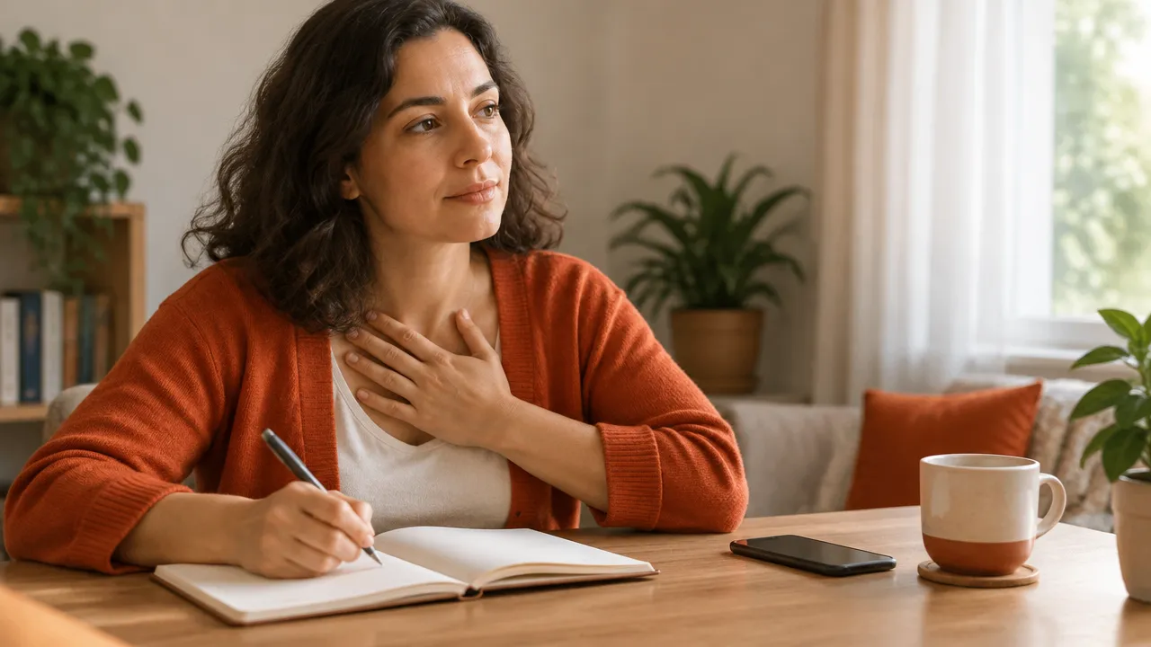 Pessoa escreve em um diário e observa as próprias emoções antes de decidir se aceita um pedido.