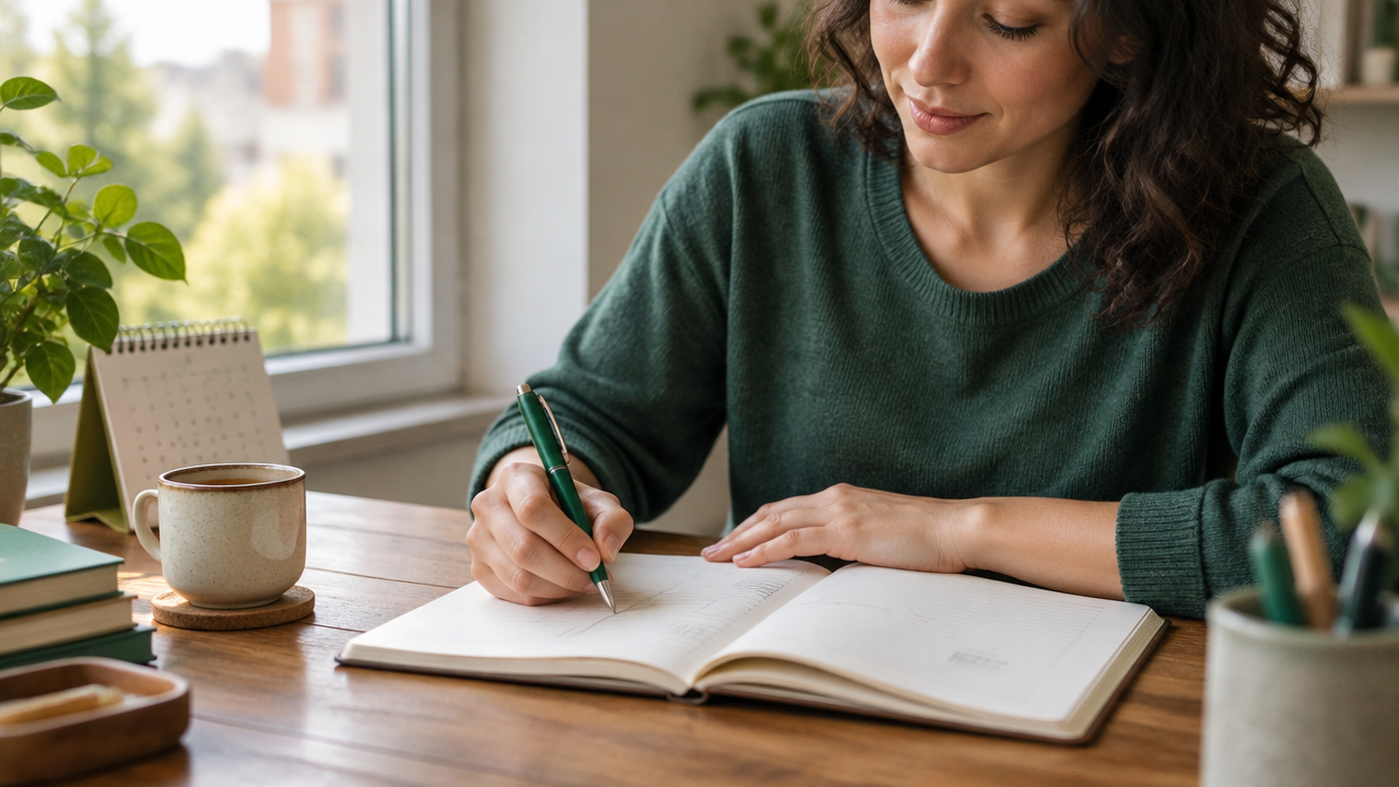 Pessoa anota padrões observados nas relações em um caderno, com calma e atenção.
