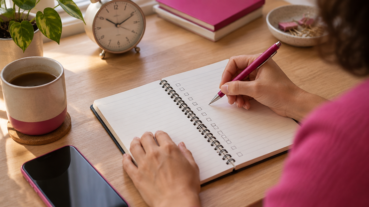 Pessoa anotando em um caderno um plano simples para iniciar uma mudança