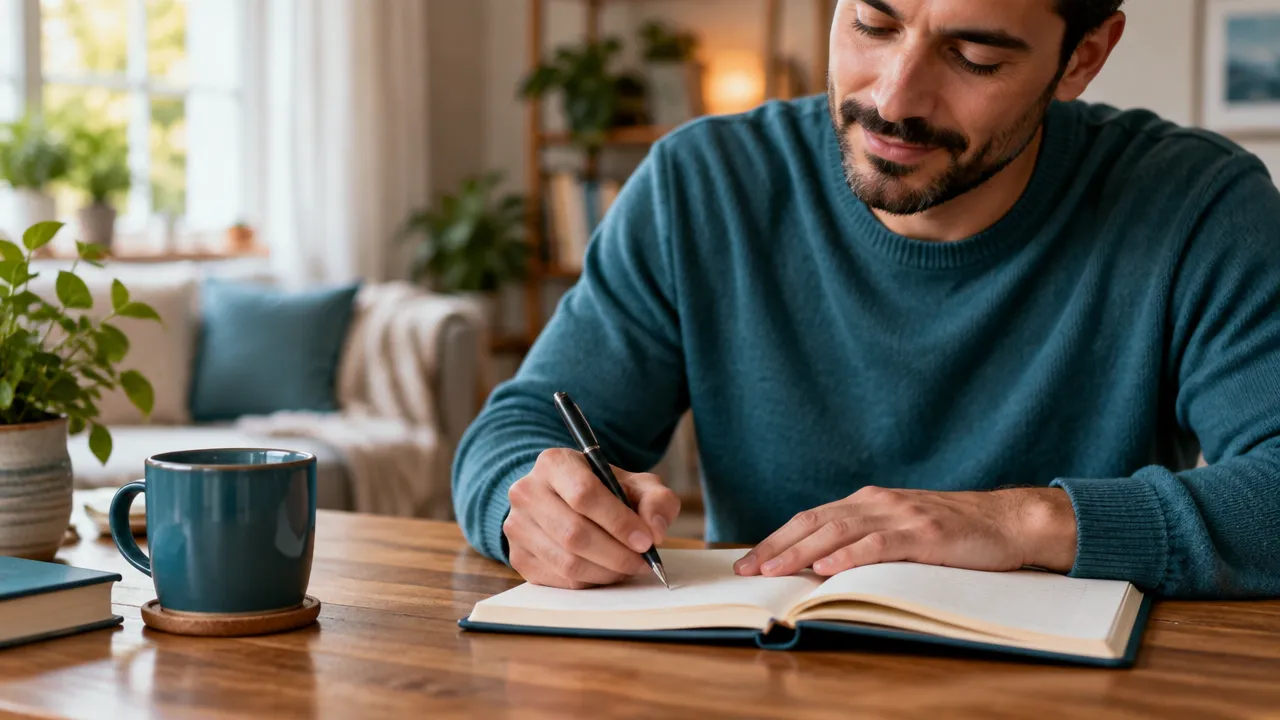 Pessoa anotando emoções em um caderno como prática cotidiana de autoconsciência e autorregulação emocional.
