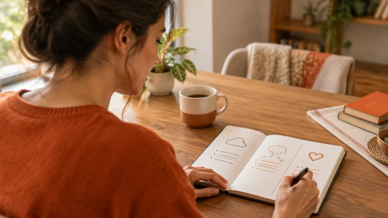 Pessoa anotando pensamentos e emoções em um caderno para observar sua experiência com mais clareza.
