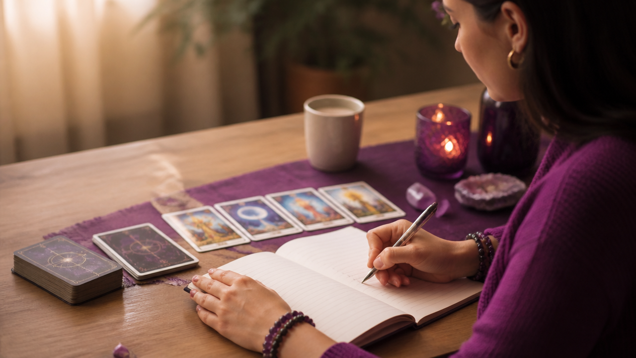 Pessoa anotando percepções de uma leitura de tarot ao lado de cartas abertas e diário de reflexão