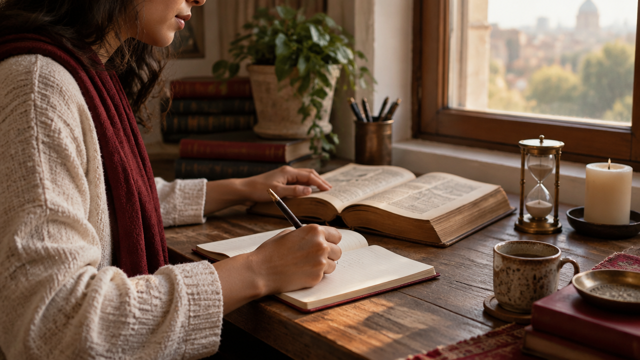 Pessoa anotando reflexões em um caderno ao lado de um livro sobre filosofia hermética.