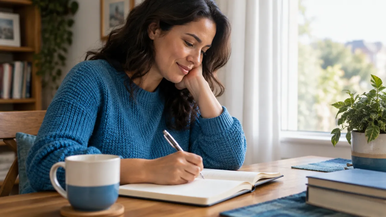 Pessoa anotando reflexões em um caderno como prática de reconhecimento pessoal e fortalecimento da autoestima.