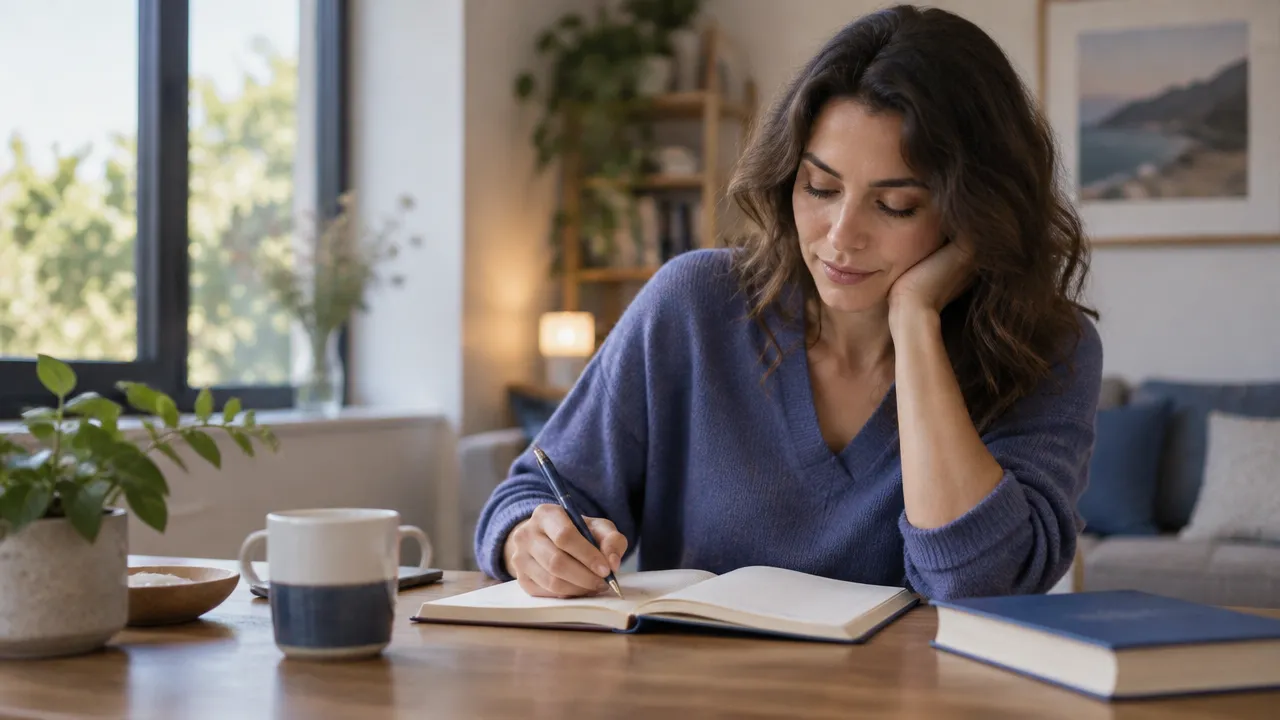 Pessoa anotando reflexões em um caderno durante uma pausa consciente para cultivar bem-estar