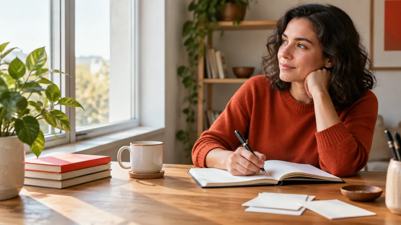 Pessoa anotando reflexões em um caderno para observar padrões pessoais sem se rotular.
