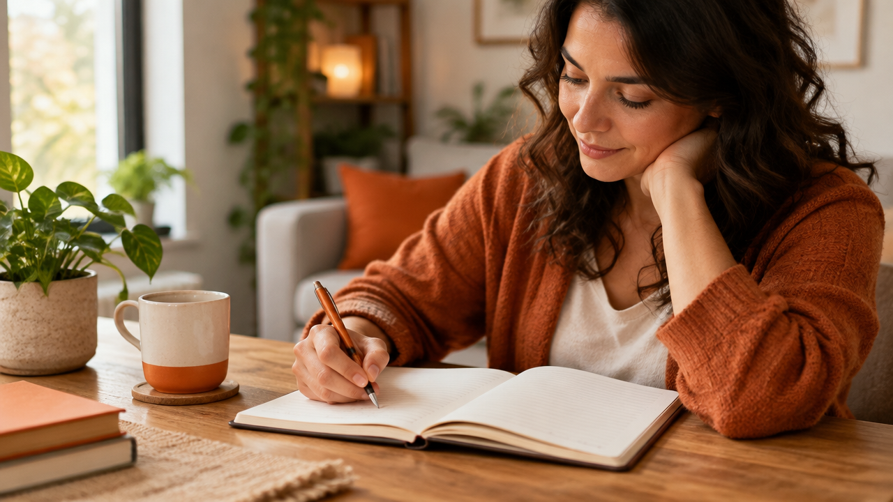 Pessoa anotando reflexões em um caderno para observar reações, escolhas e padrões emocionais.