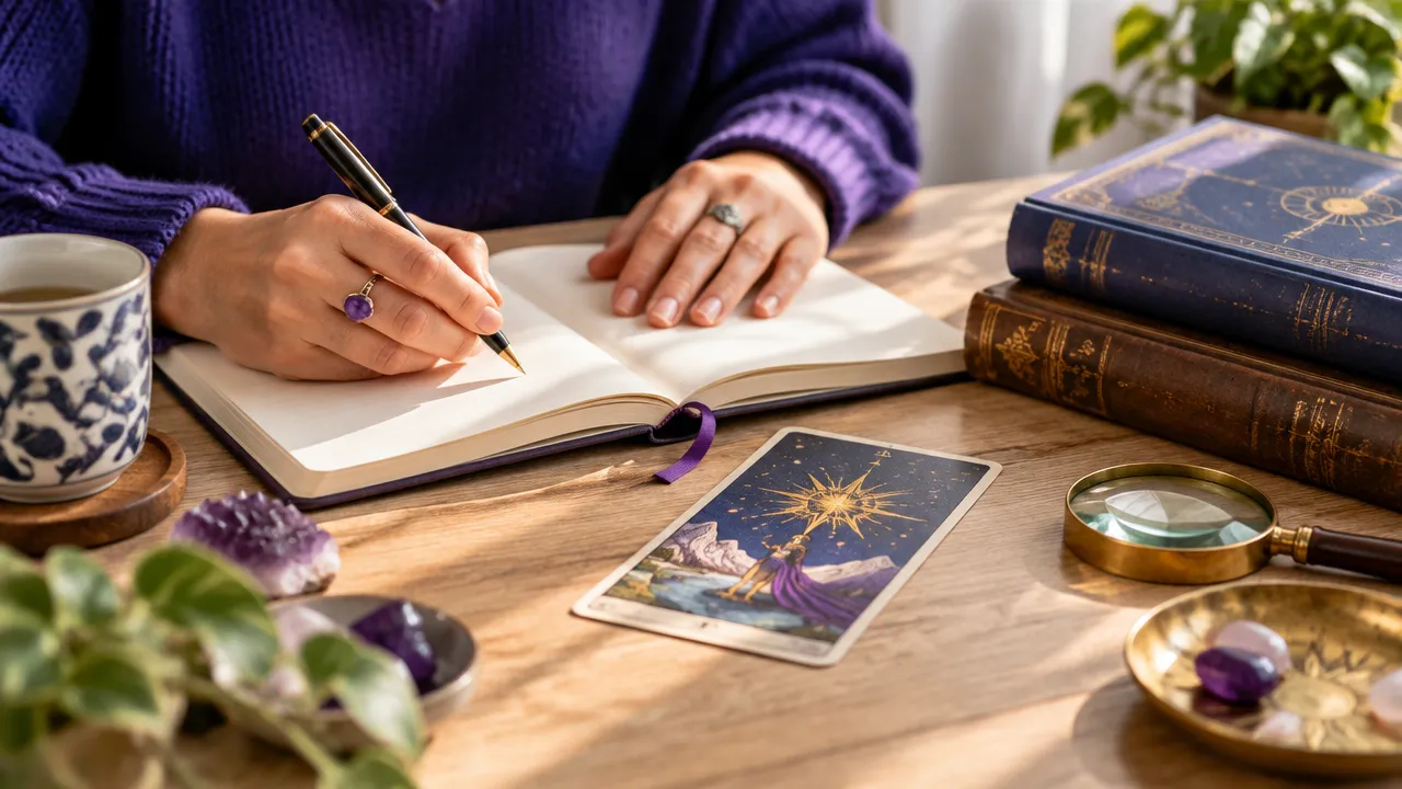Pessoa anotando reflexões sobre uma carta de tarot e livros durante um estudo cuidadoso de práticas esotéricas