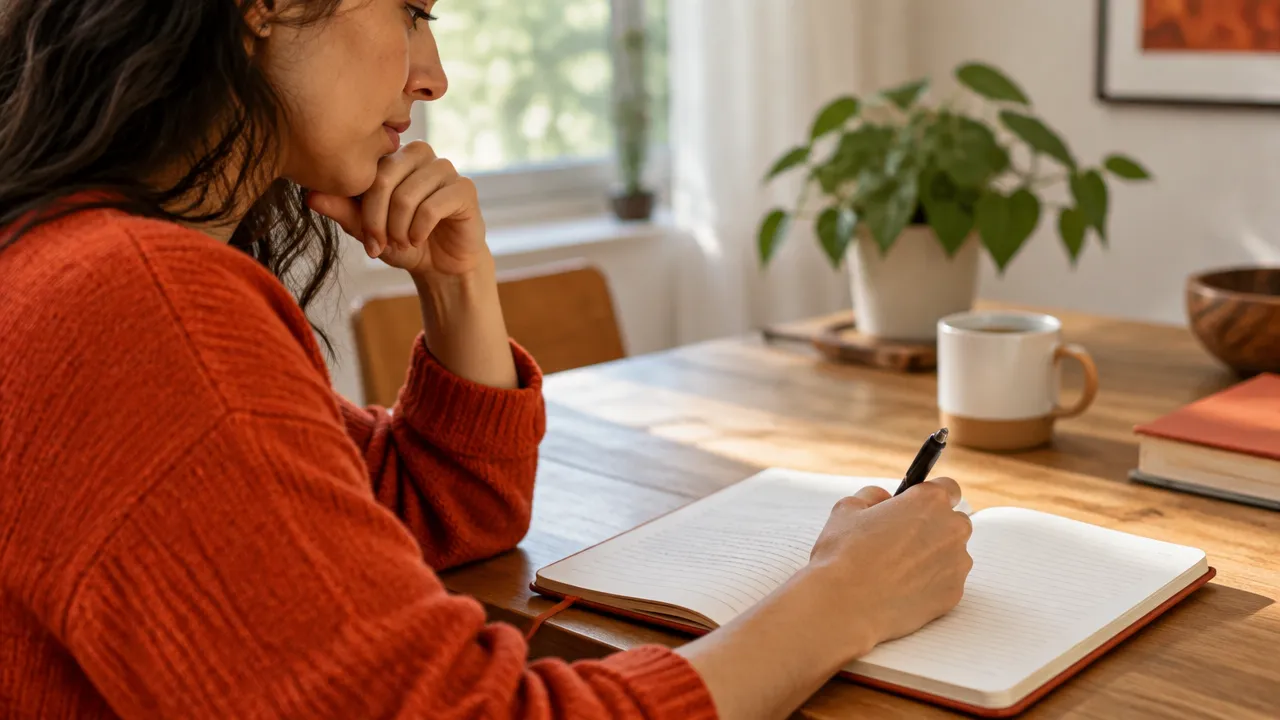 Pessoa anotando respostas às perguntas de autorreflexão em um caderno