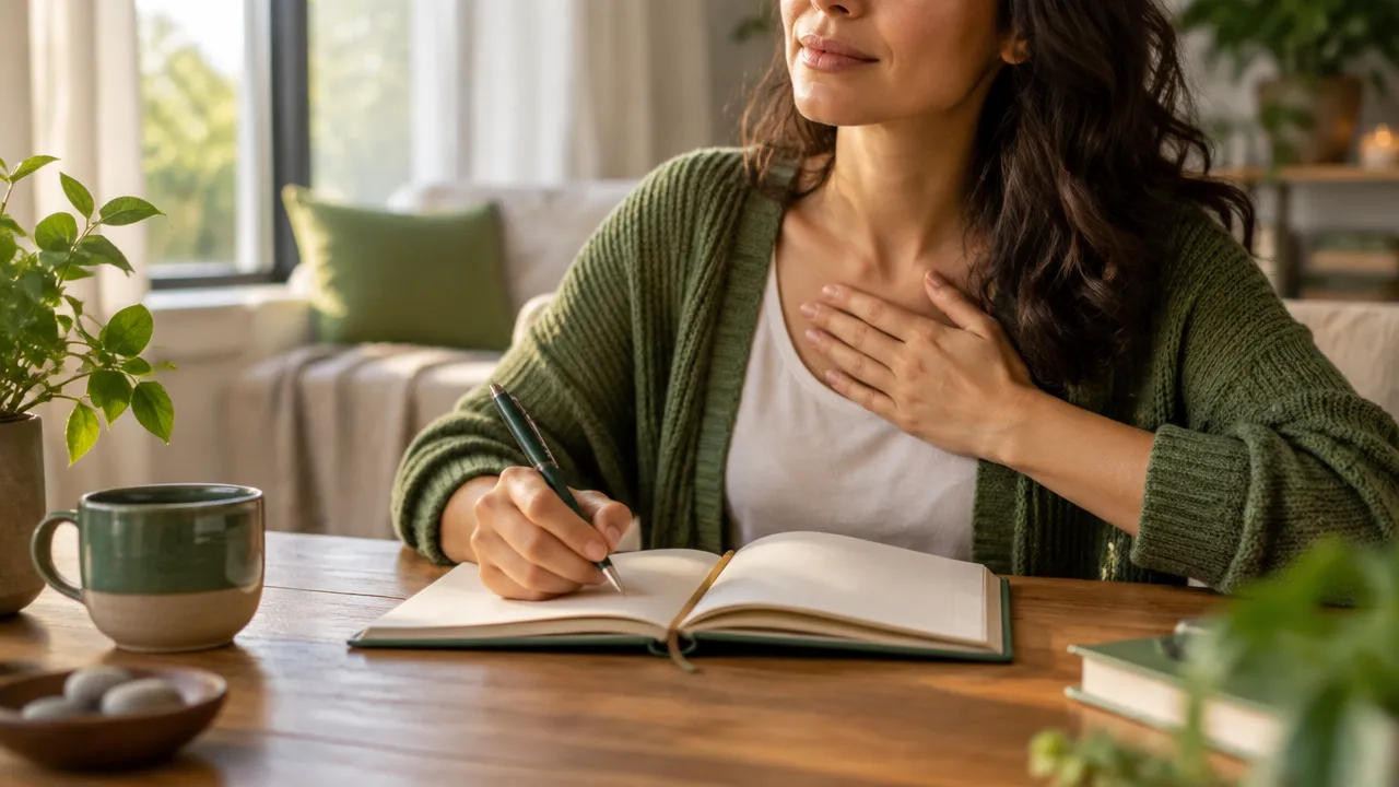 Pessoa anotando sentimentos e necessidades em um caderno durante uma pausa consciente