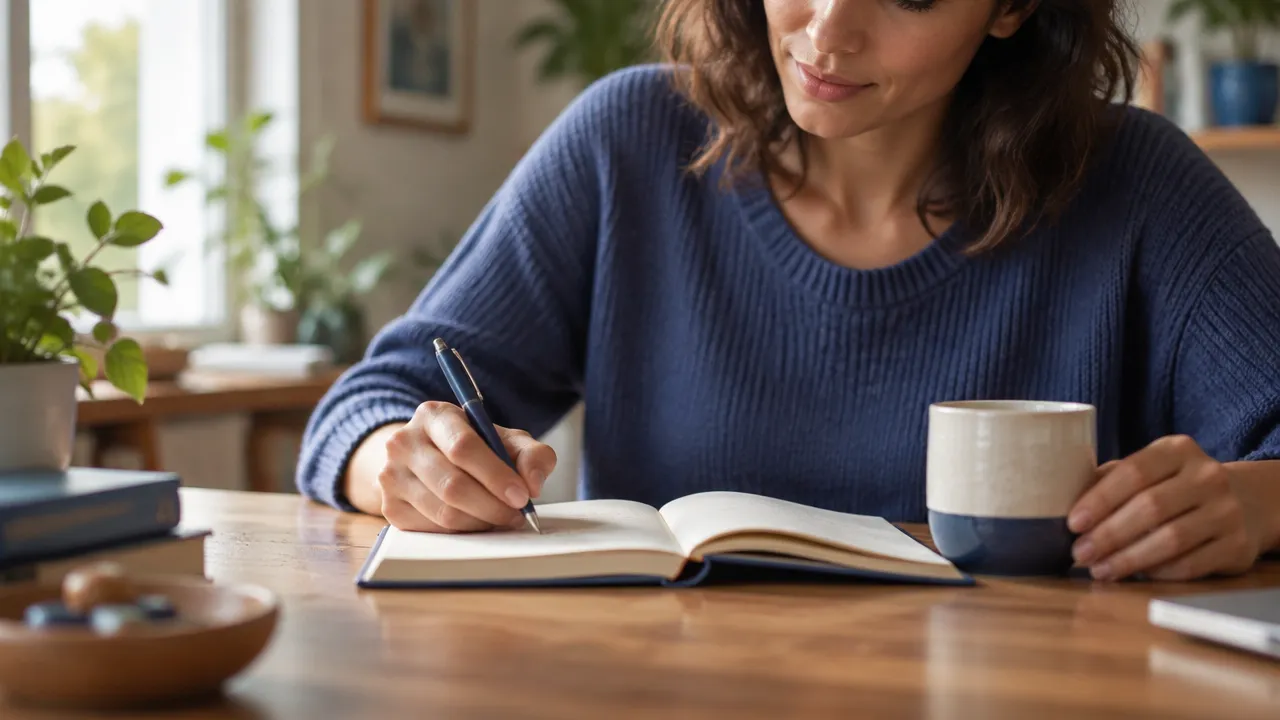 Pessoa anotando sentimentos e um próximo passo em um caderno como exercício para fortalecer a resiliência.