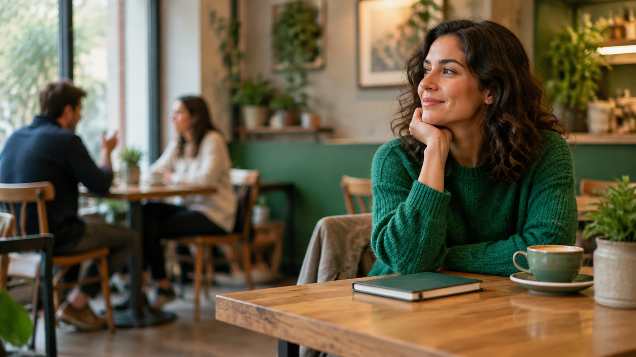 Pessoa aproveita uma pausa sozinha em um café enquanto outras conversam ao fundo, mostrando solitude escolhida sem ruptura social