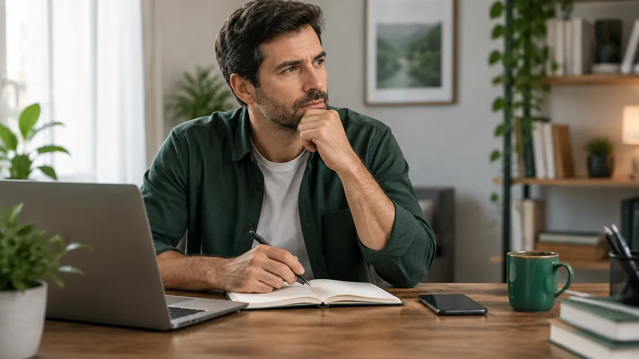 Pessoa avaliando com calma uma decisão difícil no trabalho