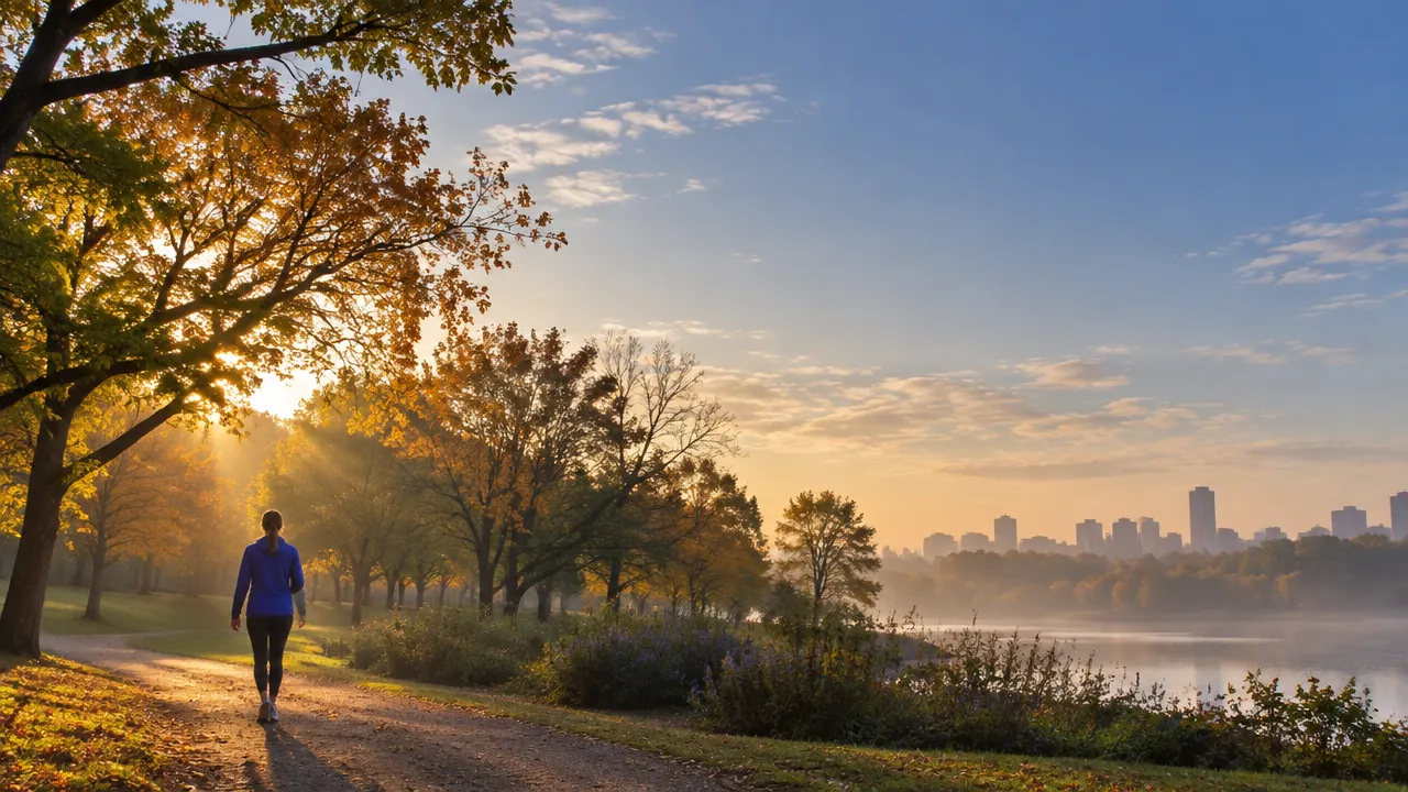 Pessoa caminhando ao amanhecer em um parque arborizado, em uma cena que representa a relação entre natureza e equilíbrio mental.