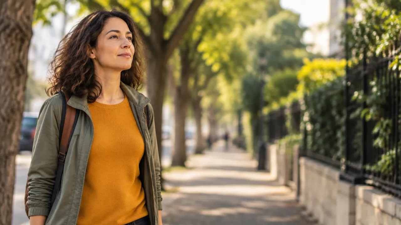 Pessoa caminhando com atenção aos passos e à respiração em uma rua arborizada