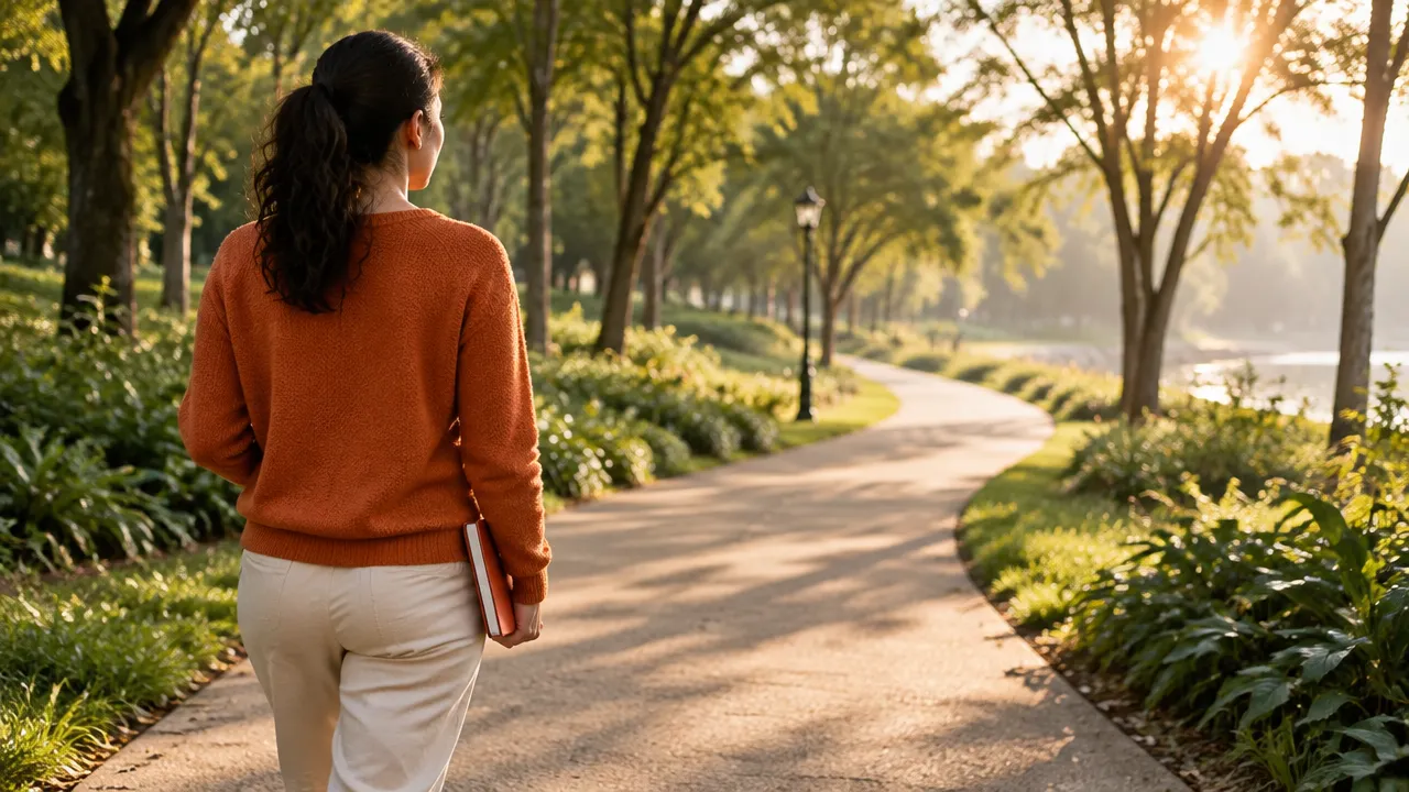 Pessoa caminhando com calma por um caminho de parque ao amanhecer, simbolizando mudança interna gradual.