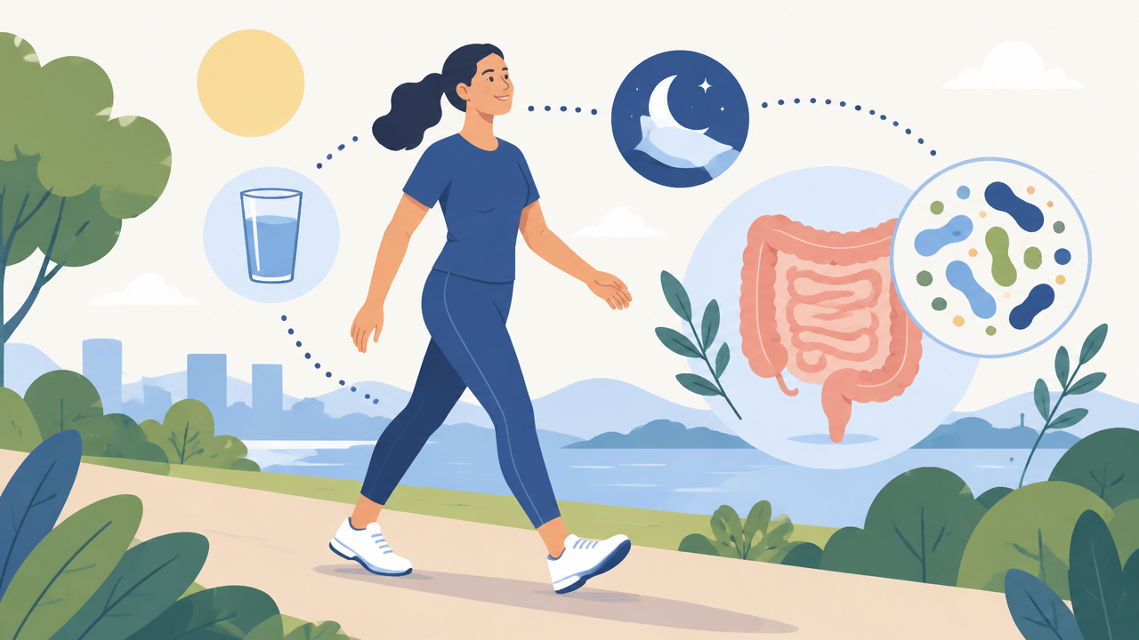 Pessoa caminhando com símbolos de hidratação e sono, associados ao cuidado cotidiano da saúde intestinal.