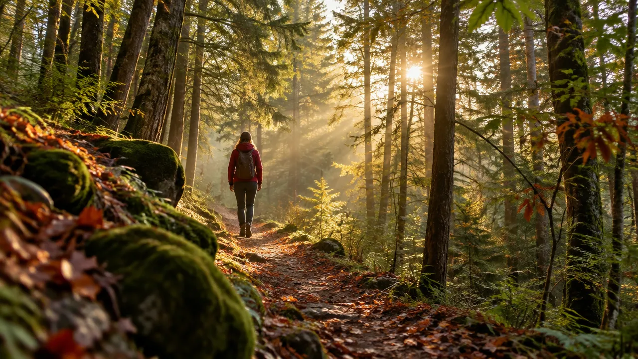 Pessoa caminhando em silêncio por uma trilha de floresta iluminada pelo sol, em conexão contemplativa com a natureza.