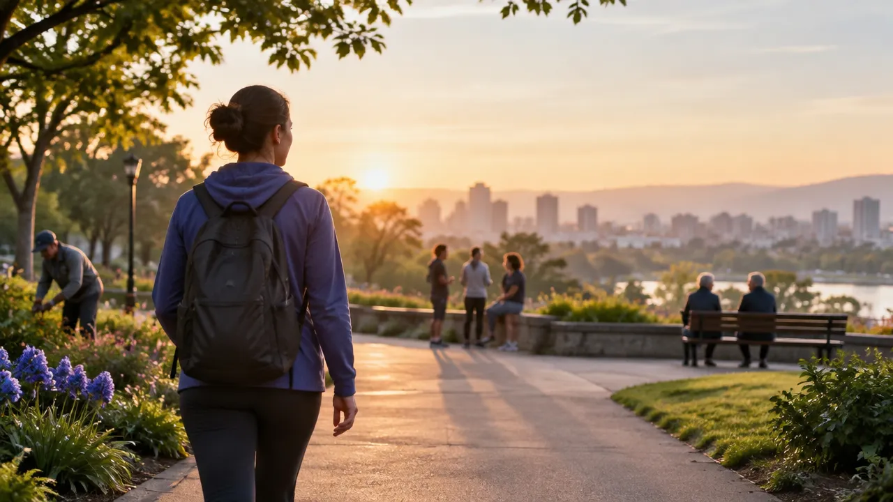 Pessoa caminhando por um parque ao amanhecer, com outras pessoas ao fundo, representando bem-estar, vínculos e sentido de vida.