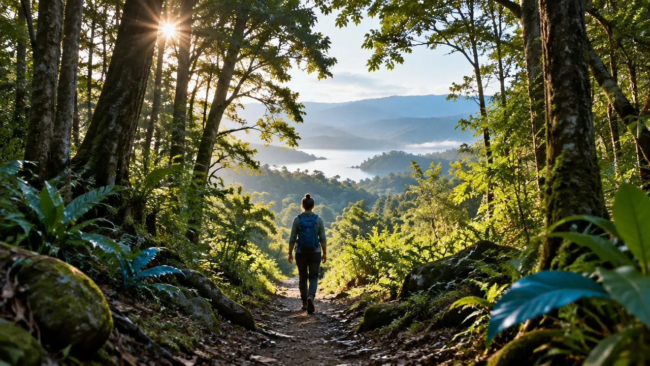 Pessoa caminhando por uma trilha arborizada em direção a uma clareira iluminada, em uma cena serena de conexão com a natureza