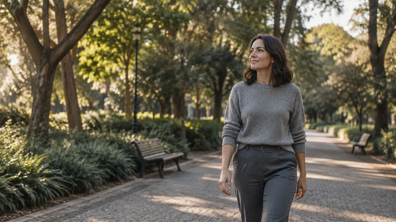 Pessoa caminhando sem pressa em um parque, observando o ambiente durante um momento de lazer consciente