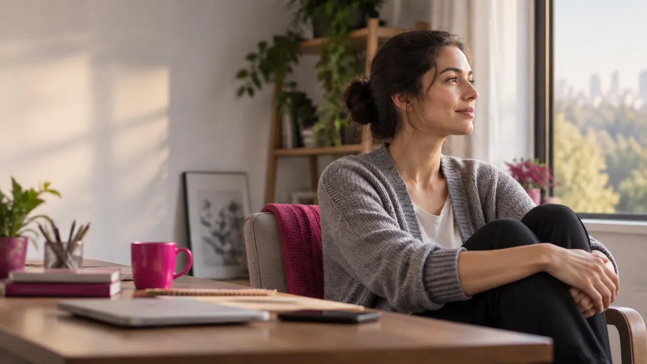 Pessoa cansada em um ambiente de trabalho tranquilo, fazendo uma pausa junto à janela para iniciar a recuperação emocional.