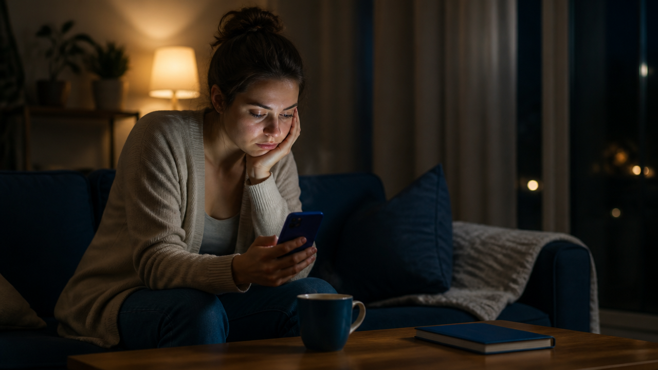 Pessoa cansada olhando para o celular em ambiente doméstico, representando excesso de conexão digital