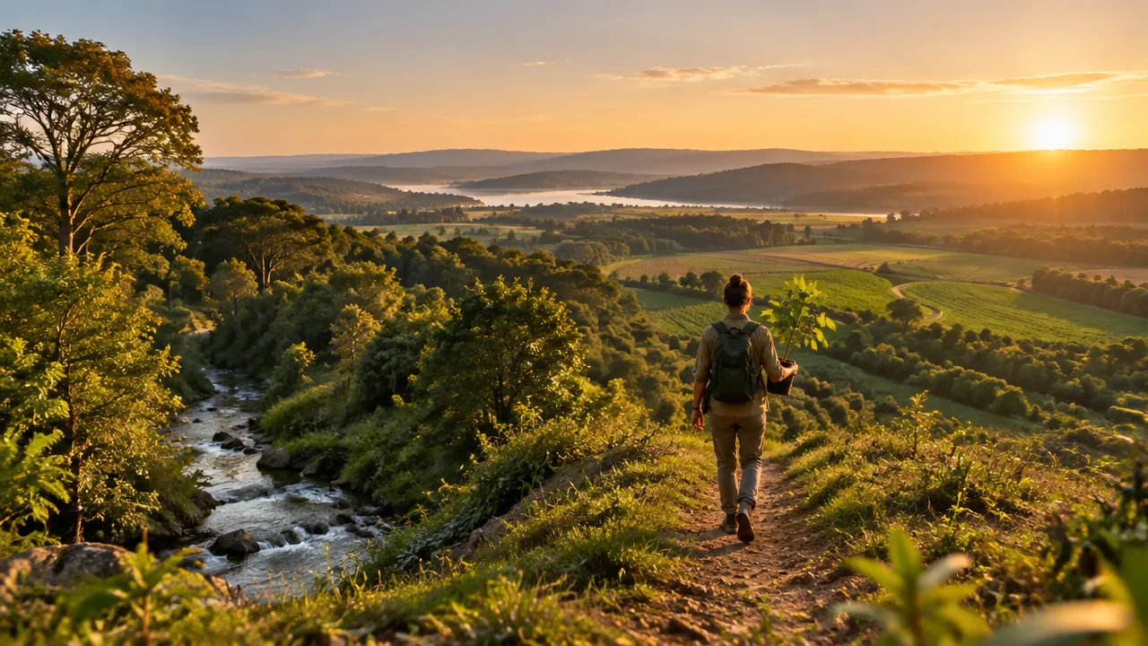 Pessoa com uma muda observa um riacho e uma paisagem de floresta e agricultura regenerativa ao amanhecer