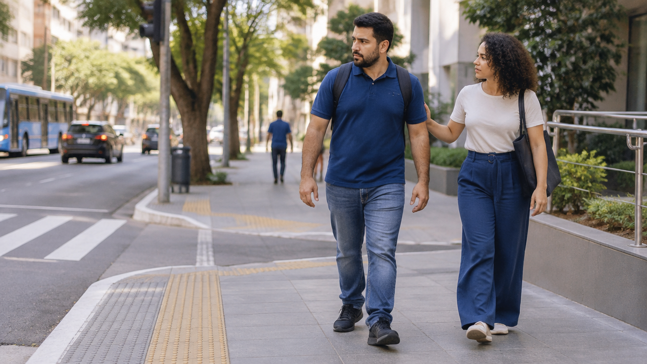 Pessoa com visão monocular se deslocando com atenção em ambiente urbano cotidiano