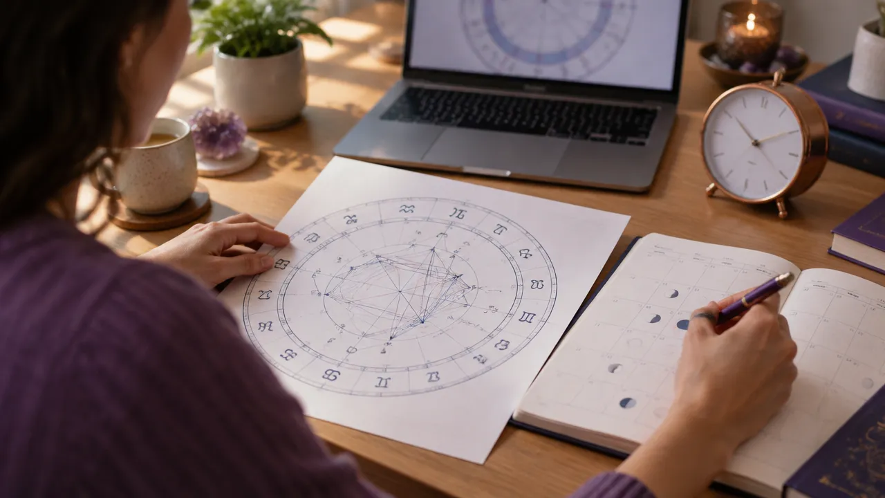Pessoa compara calendário, relógio e mapa astrológico para avaliar o horário de um novo começo