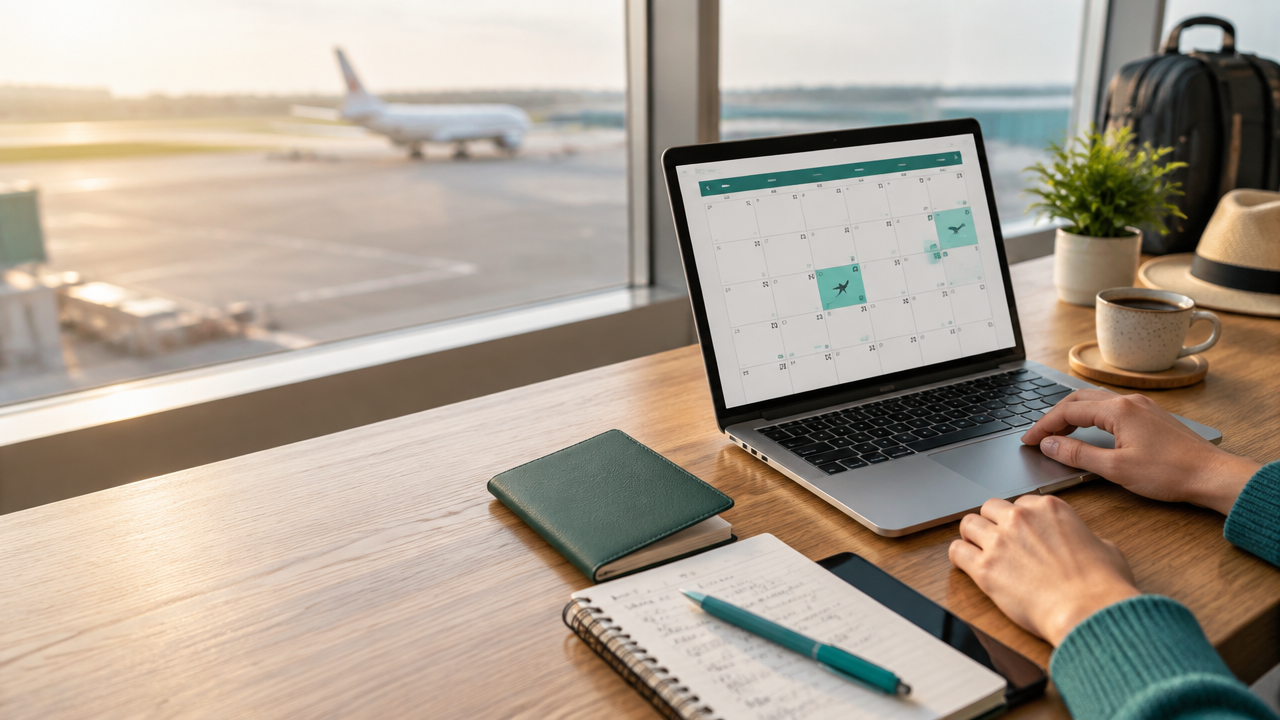 Pessoa compara datas de viagem e opções de resgate de passagens em um notebook
