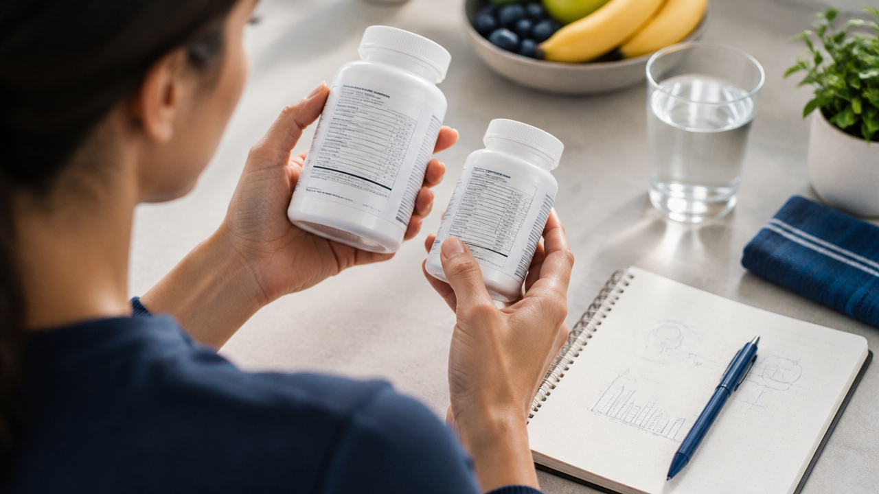 Pessoa compara informações de rótulos de suplementos antes de escolher produtos para um protocolo