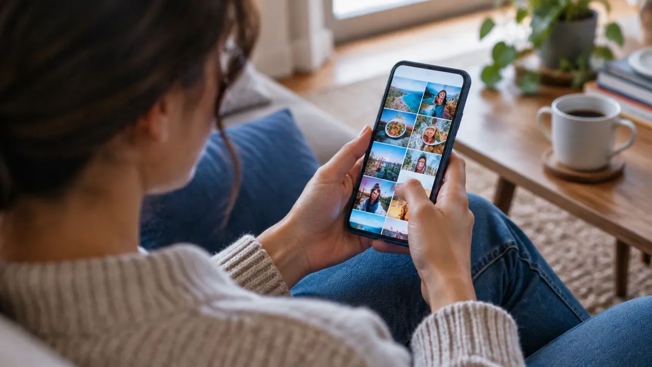 Pessoa compara um feed idealizado no celular com o ambiente simples da vida cotidiana