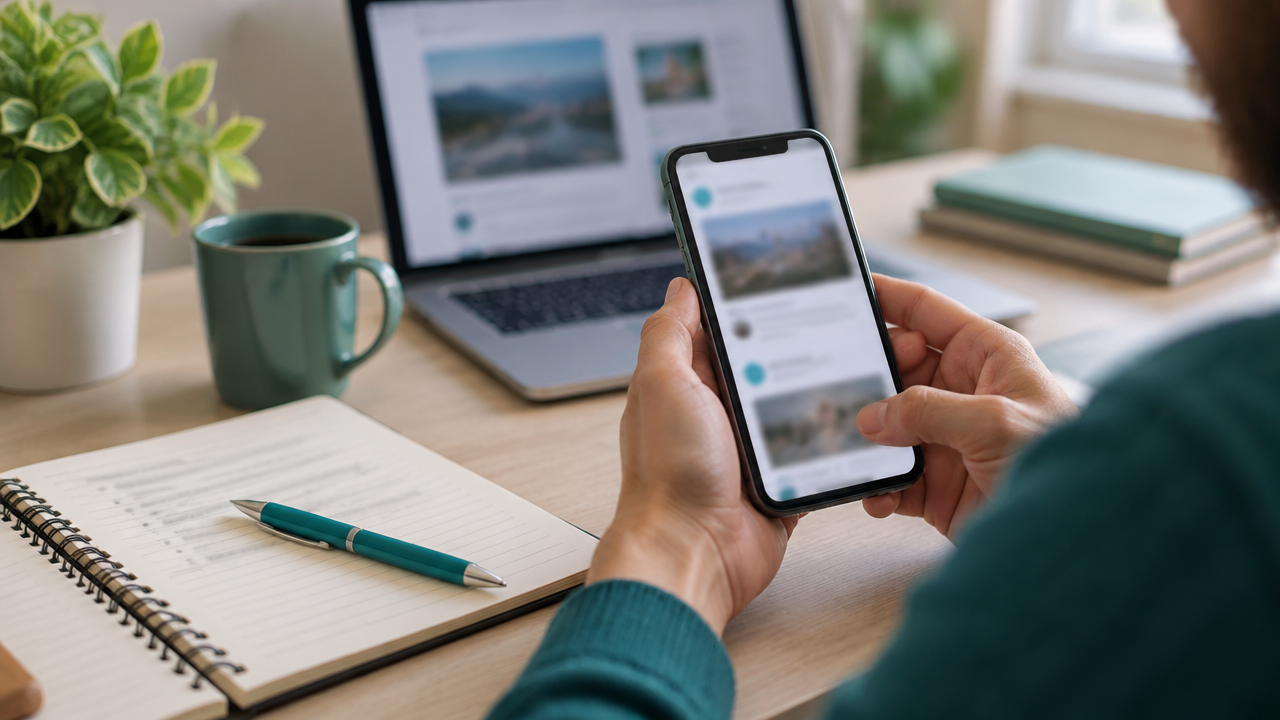 Pessoa compara uma publicação no celular com anotações e pesquisa no laptop antes de compartilhar.