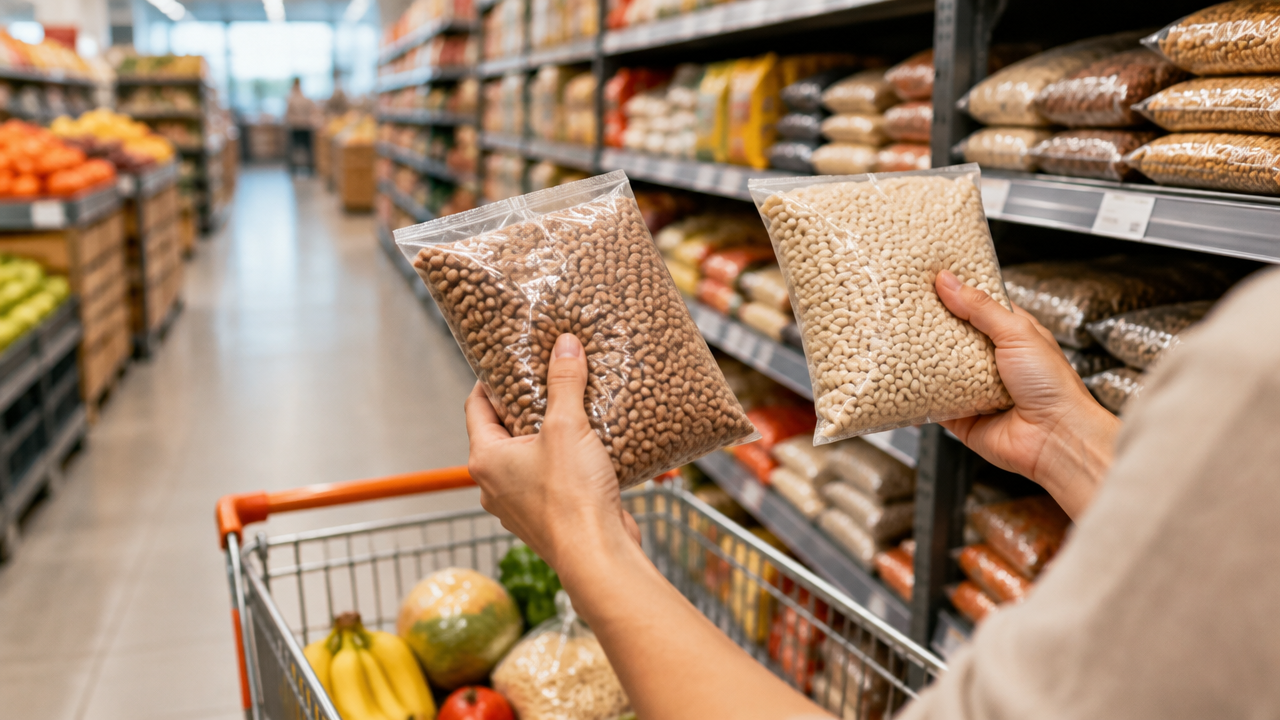 Pessoa comparando dois produtos alimentícios sem marca no supermercado para escolher uma opção mais econômica